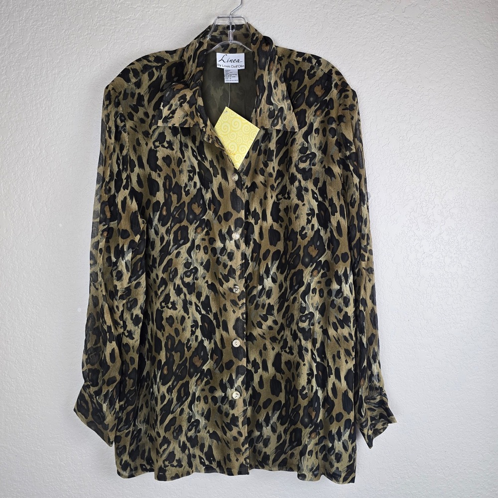 Linea by Louis Dell'Olio Silk Leopard Print Blouse 1X NWT Long Sleeve Button Up